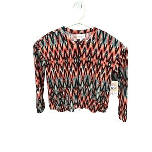 LuLaRoe Monroe Kids Jacket Size 12 Full Zip Ikat Geometric Print Coral Teal NEW